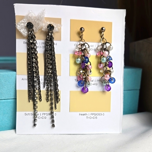 Vintage Multicolor Beaded Rhinestones Dangle Earrings Set Of 2 - Picture 1 of 13